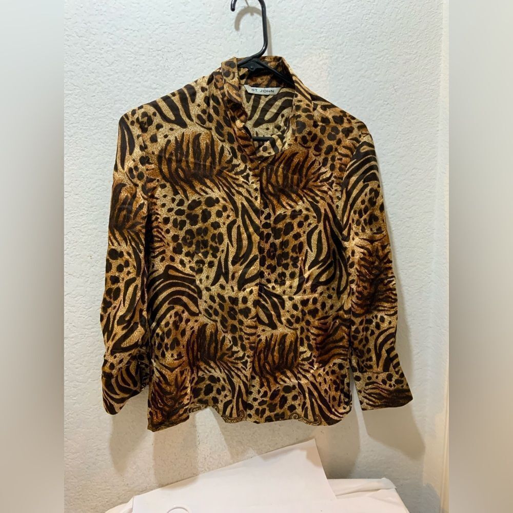 St John Brown Black 100% Silk Cheetah Leopard Blouse Size 4 Women
